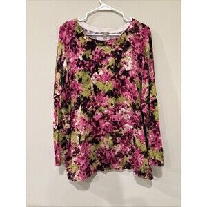 J Jill~ LARGE FLORAL SWEATER TUNIC BRIGHT FUSHIA/GREEN